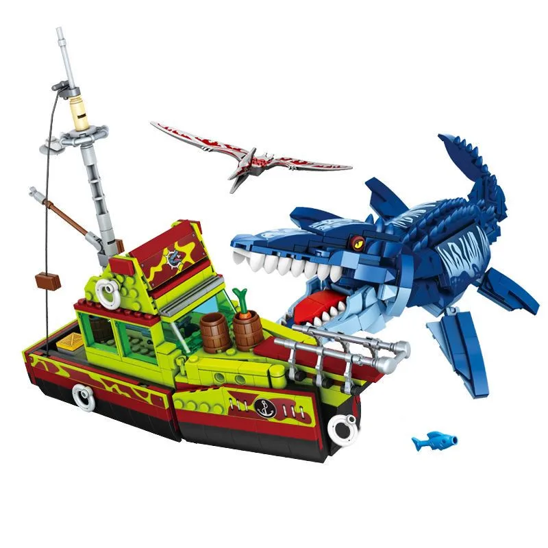 Jurassic Dinosaur Ship Toys Building Block DIY Escape From Ocean Mosasaurus Assembly Bricks Educational Sets Children Gifts