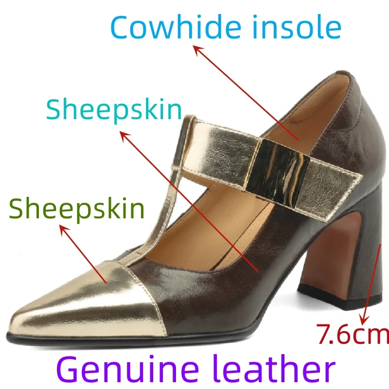 【JOCHEBED HU】New Fashion Women\'s Genuine Leather Pumps High Heels Pointed Toe T-strap Dress Party Female Shoes Size 33-40
