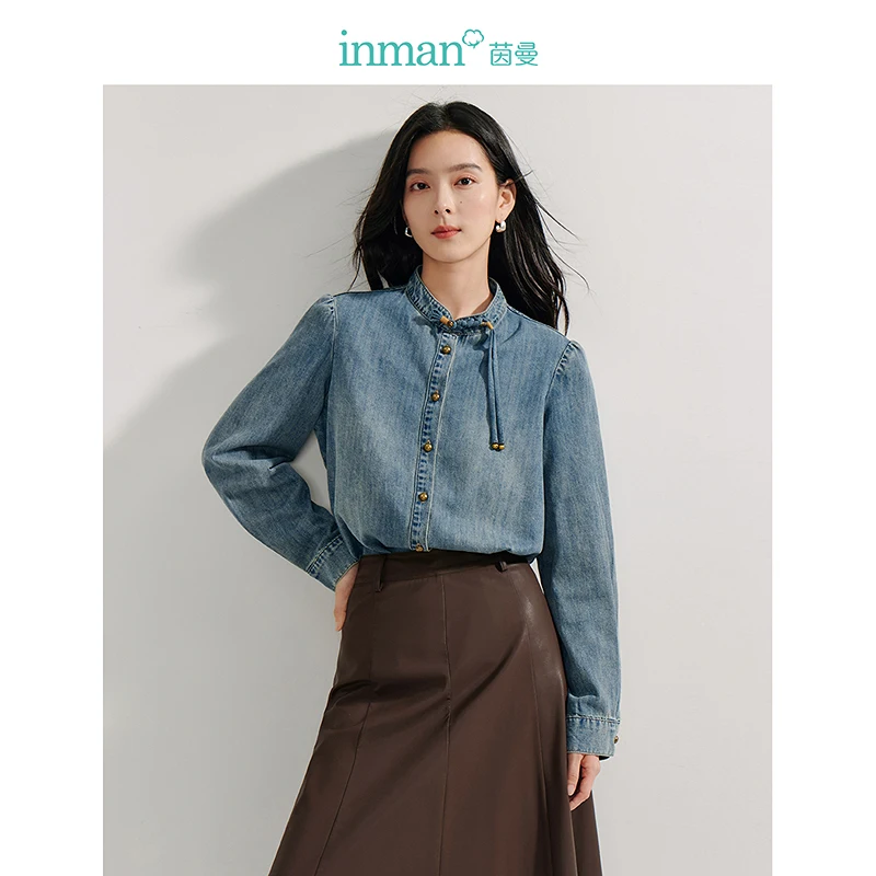 

INMAN vintage Denim shirts knot button 2024 Autumn women's blouses Neo-Chinese Style long-sleeved tops