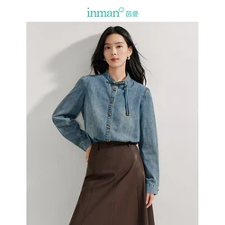 INMAN vintage Denim shirts knot button 2024 Autumn women's blouses Neo-Chinese Style long-sleeved tops