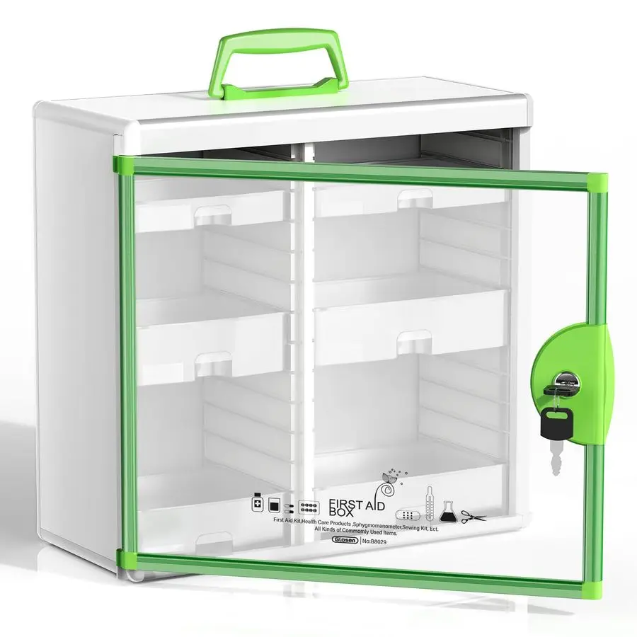 خزانة أدوية مع صندوق قفل أدوية مثبت على الحائط باللون الأخضر مقاس 15 × 6.7 × 13 بوصة حاوية تخزين محمولة بسعة كبيرة #1
