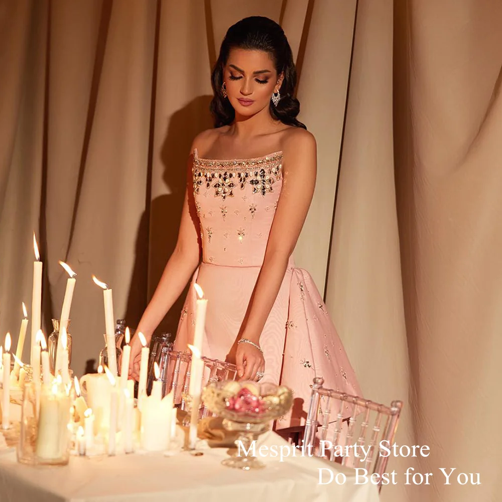 Customized Crystal Evening Dress Strapless Sleeveless Beads Tiered Train Prom Gown Saudi Party Dresses  فساتين حفلة موسي