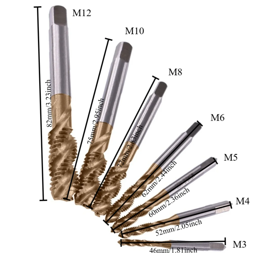 Spiral Flute Tap Set Titanium Coated Spiral HSS Machine Taps Metric Thread Tap for Metal Drilling Threading Hand Power Tool