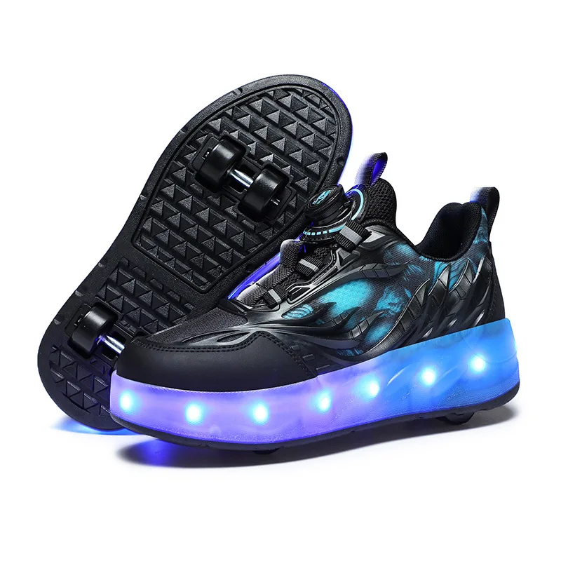 USB Four Wheels Children LED Shoes Fashion Kids Roller Skates Swivel Button Boys & Girls & Women Sneakers Size 30-40