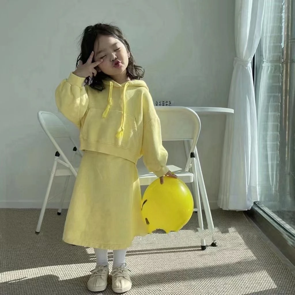 Baby Girls Two Piece Set 2023 Autumn New Korean Style Fashion Yellow and Purple Baby Girls Hat Coat and Skirt Two-piece Set