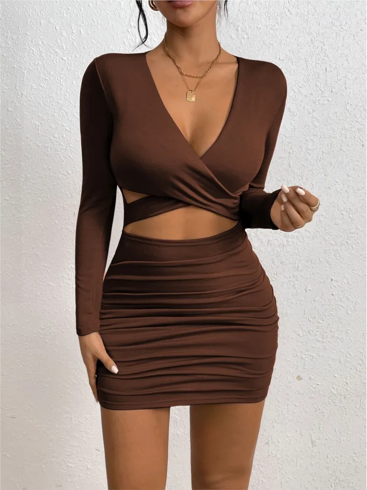 

Сексуальное тонкое платье с v-образным вырезом для женщин, модное однотонное платье с длинным рукавом и высокой талией, мини-платья на бедрах, женская праздничная одежда