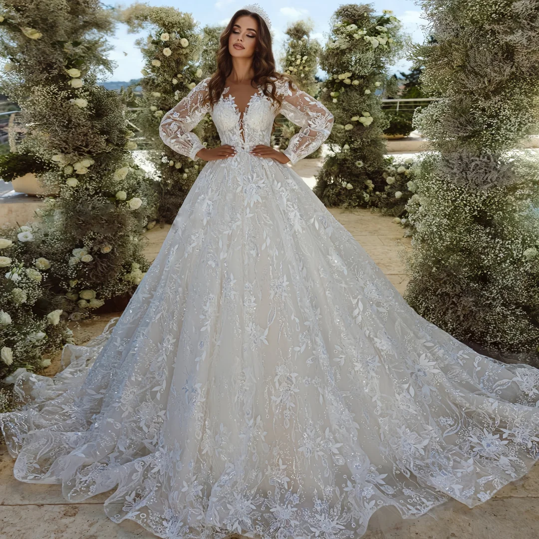 

Изысканное бальное платье принцессы по индивидуальному заказу, свадебные платья, милое платье с длинными пышными рукавами и кружевной вышивкой, гламурное платье De Vestidos