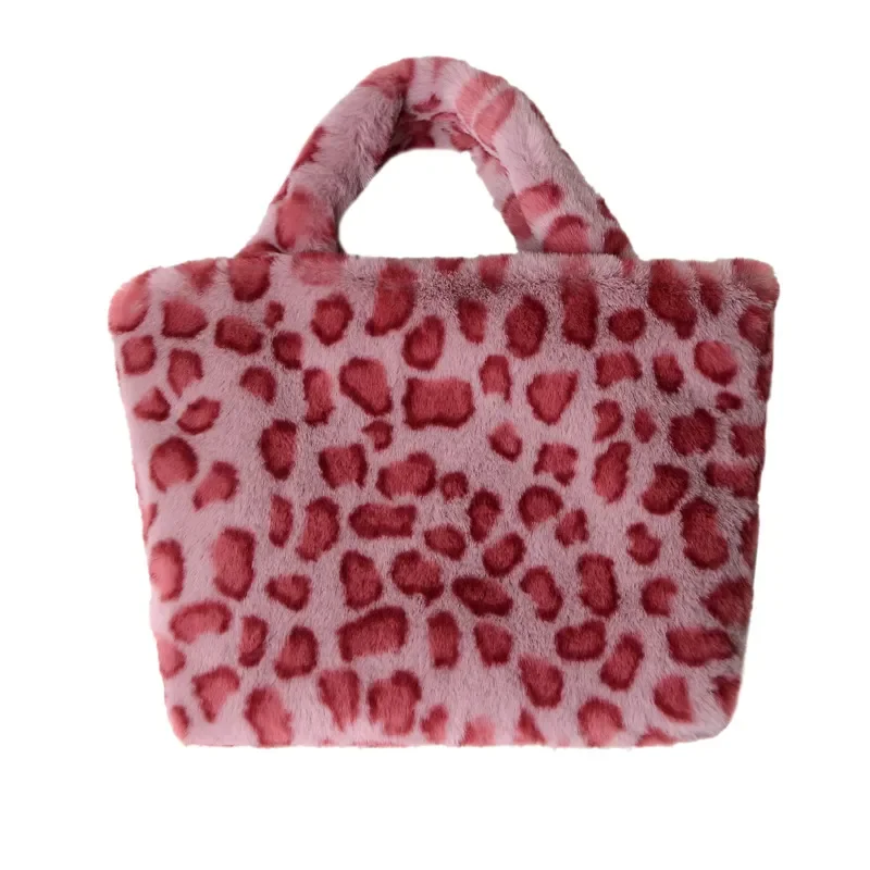 Bolso de Mano con Estampado de Leopardo, Imitación de Pelo de Conejo Rex, Gran Capacidad, Estilo Europeo Americano, Bolso de Hombro de Moda para Mujer