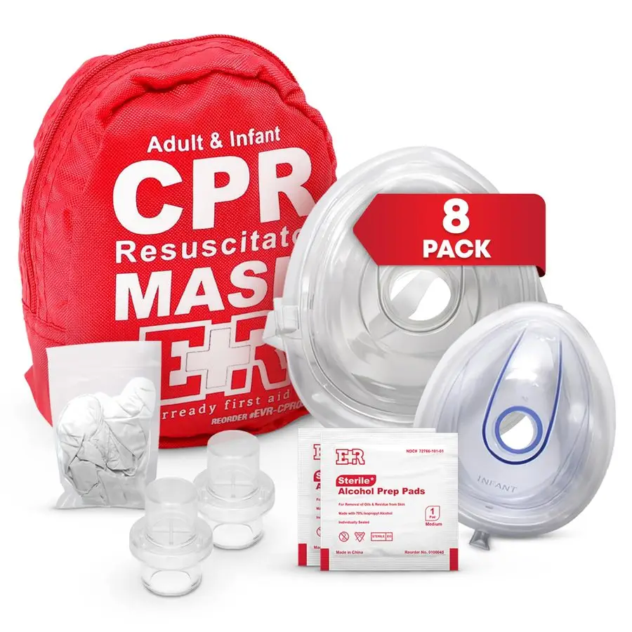 

and Infant CPR Mask Combo Kit 8Pack 16 Valves, 8 Gloves, 16 Alcohol Pads Emergency Resuscitation Kit for First Responders