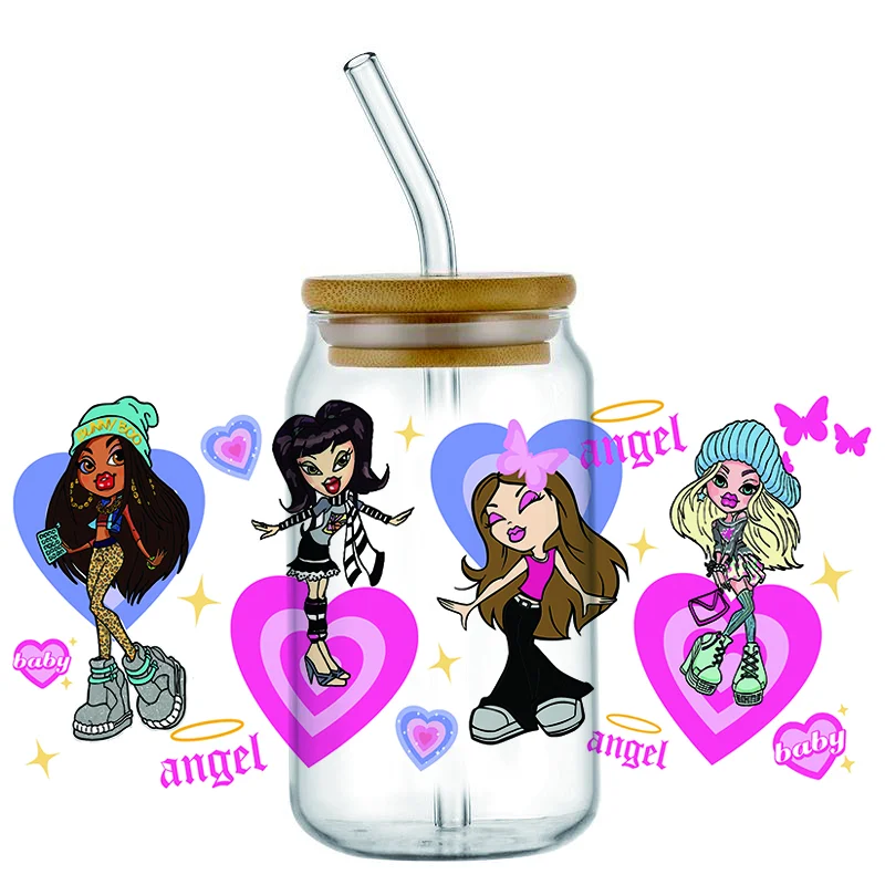 Miniso bratz pattern 16oz uv dtf transfer sticker Libbey Wrap Tumbler DIY Logo Sticker Glass Can Selfadhesive Waterproof