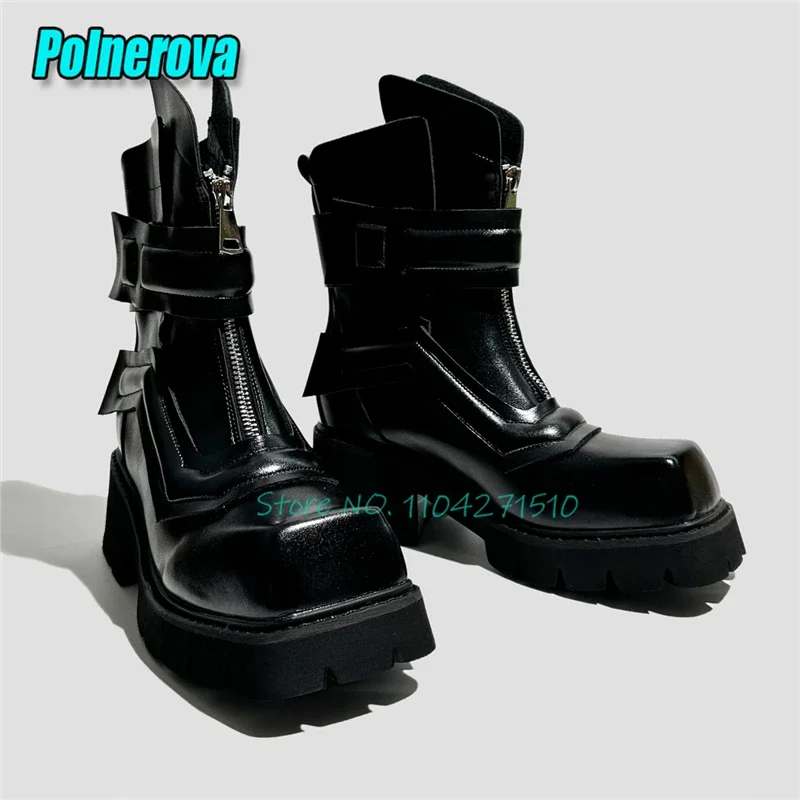 

Spring Autumn New Thick Soled Motorcycle for Women Trendy Black Square Toe Platform Zipper Short Boots Fashion Chunky Heel Shoes