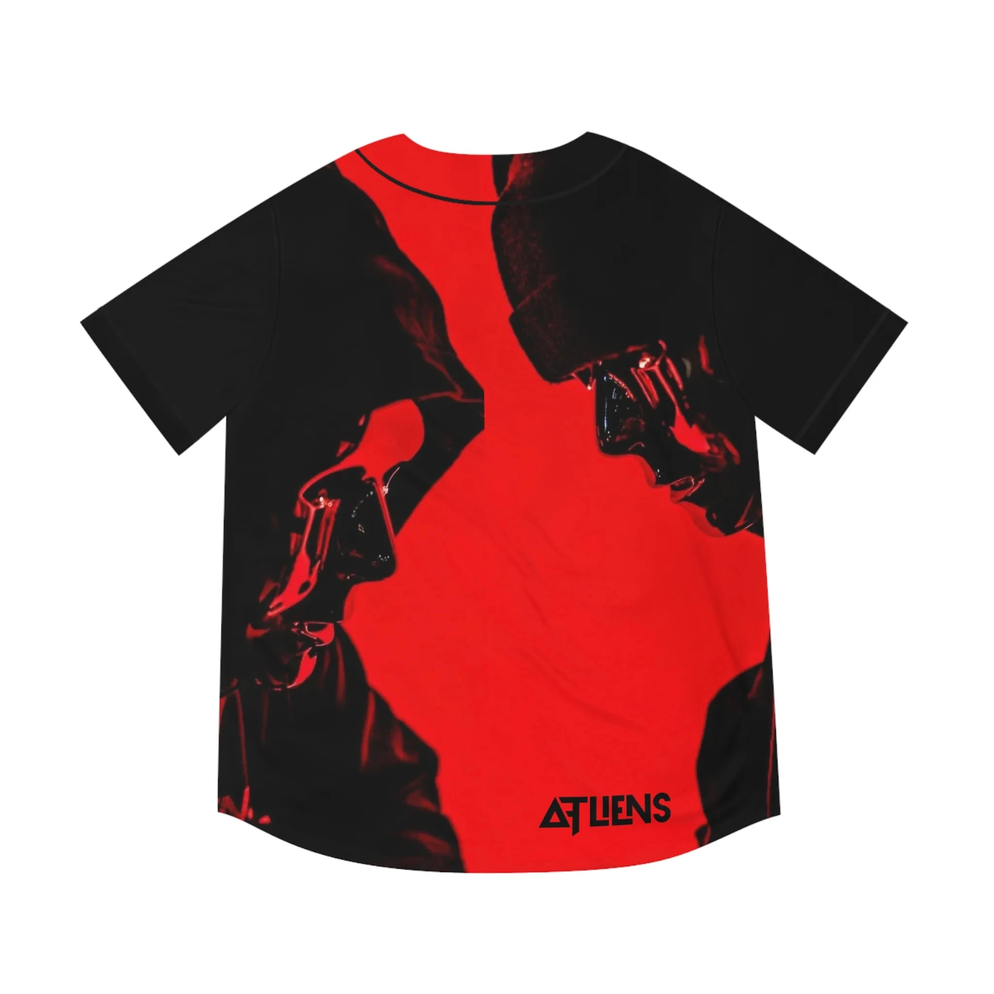 Men Casual Baseball Jersey, Black Red Color Block Short Sleeve Shirt, Trendy Printed Top for Hip Hop Style Festival Activities
