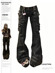 Calça grunge denim cargo feminina, jeans chique moda coreana, japonesa Harajuku Gyaru Y2K Cyber Punk Hip-pop Estética dos anos 2000 Tomboy