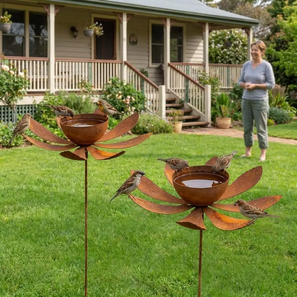 Flower Shape Metal Garden Birdbath Iron Art Ground Insert Bird Feeder Standing Rusty Handmade Butterfly Bath Bowl