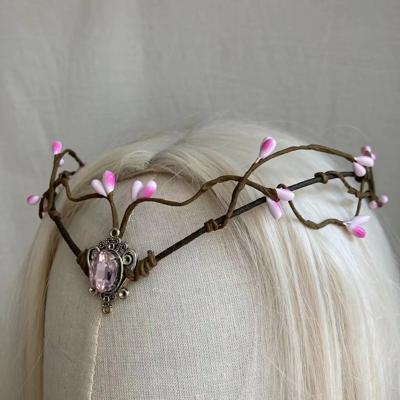 Rami di elfo del bosco Tiara Elven copricapo fata corona cerchio pietra di luna con gemma rosa per Costume da fata donne diadema