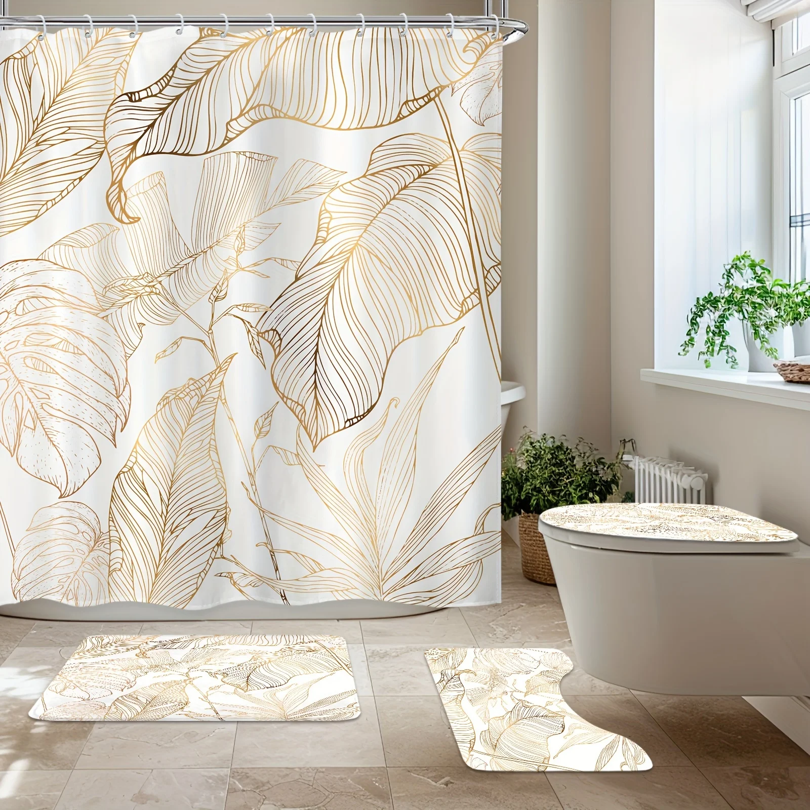 4pcs - White Golden Tropical Leaf Shower Curtain Set, Banana Leaf Palm Tree Abstract Copper Plant Natural Print Shower Curtain With 12 Hooks, Non-Slip Bathroom, Toilet U-Shaped, Cover, Bathroom Accessories, Home Decoration