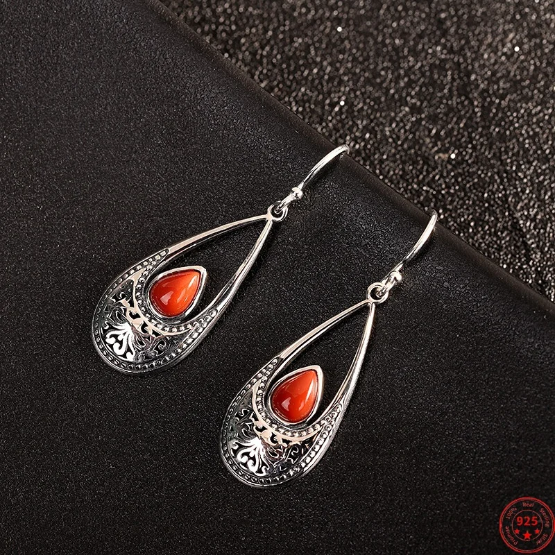 S925 Sterling Silver Charms Drop Earrings for Women Retro Eternal Rattan Red Agate Waterdrop Ear Drops Fashion Jewelry Wholesale