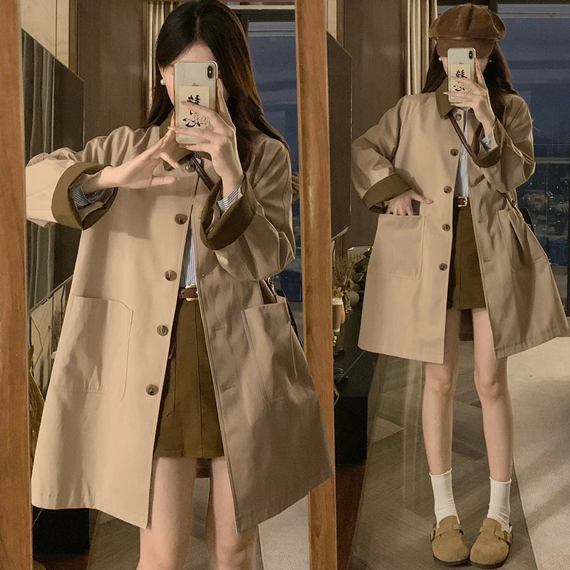 

retro Simple Preppy Color-block Design Khaki Coat Lapel Pockets Japan Women Single-breasted Trendy Mid-length Outerwear Autumn