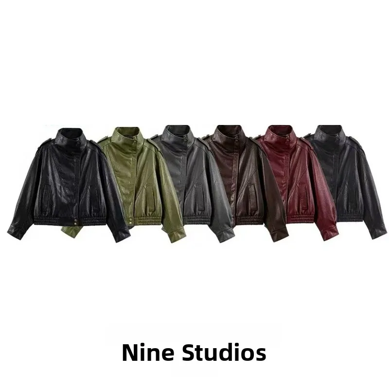 Nine Zar Women's Long Sleeve Stand Collar Faux Leather PU Jacket Pilot Coat with Pockets Short Length Zipper Closure Winter O...
