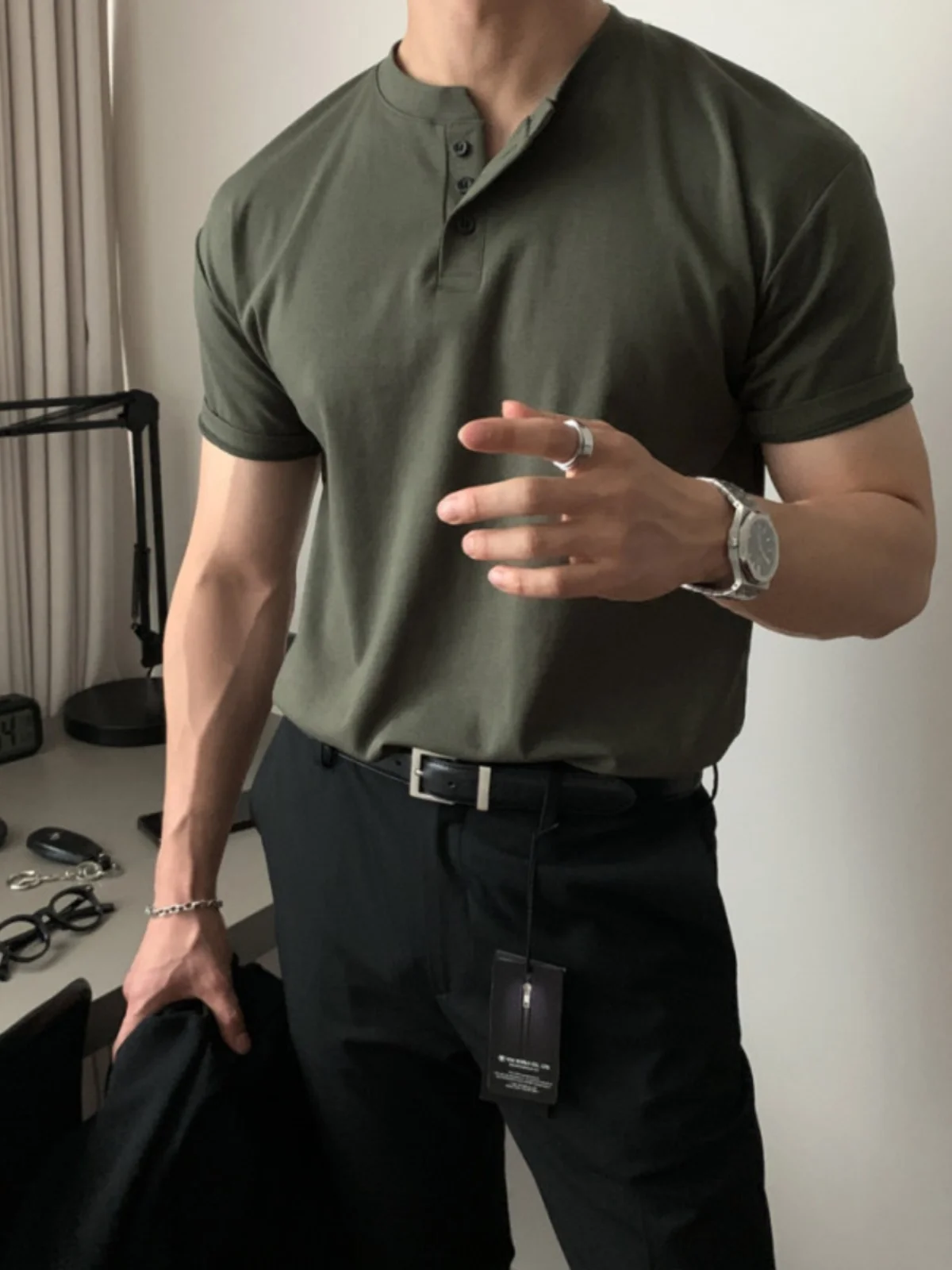 

Ретро-футболка Henry в американском стиле для мужчин, летняя, плотная, приталенная, с рукавом до локтя, модная, в уличном стиле, с круглым вырезом