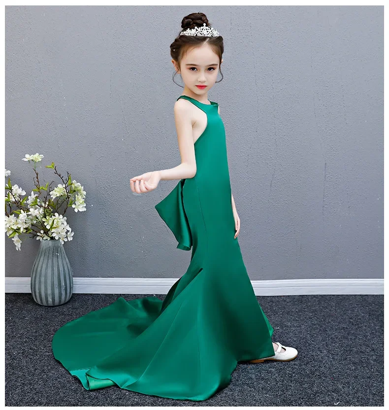 Mermaid Princess Dress Backless Long Tailing Hanging Neck Kids Pageant Dress for Birthday Party Halter Bodycon Girl Evening Gown