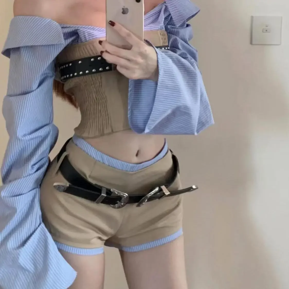 One Shoulder Patchwork Striped Shirts Crop Top Sexy 2 Piece Sets Womens Outfits Short Pants Suits Slim Y2k Shorts Femme 2024