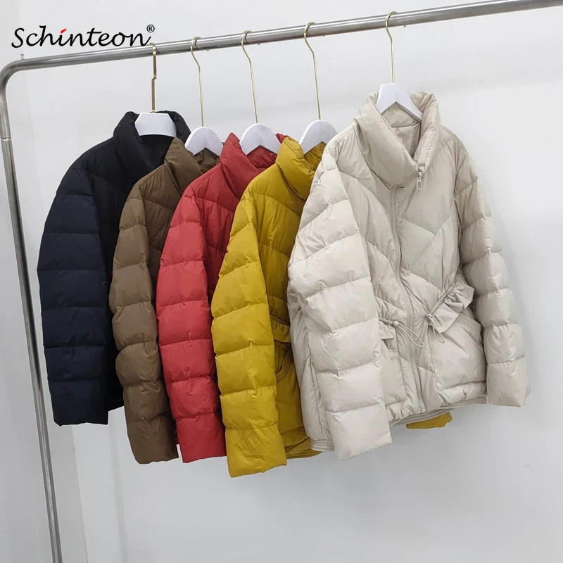 Schinteon Women Ultralight White Duck Down Jacket Stand Collar Ruffles Patchwork Outwear Autumn Winter Fashion Coat 2023 New