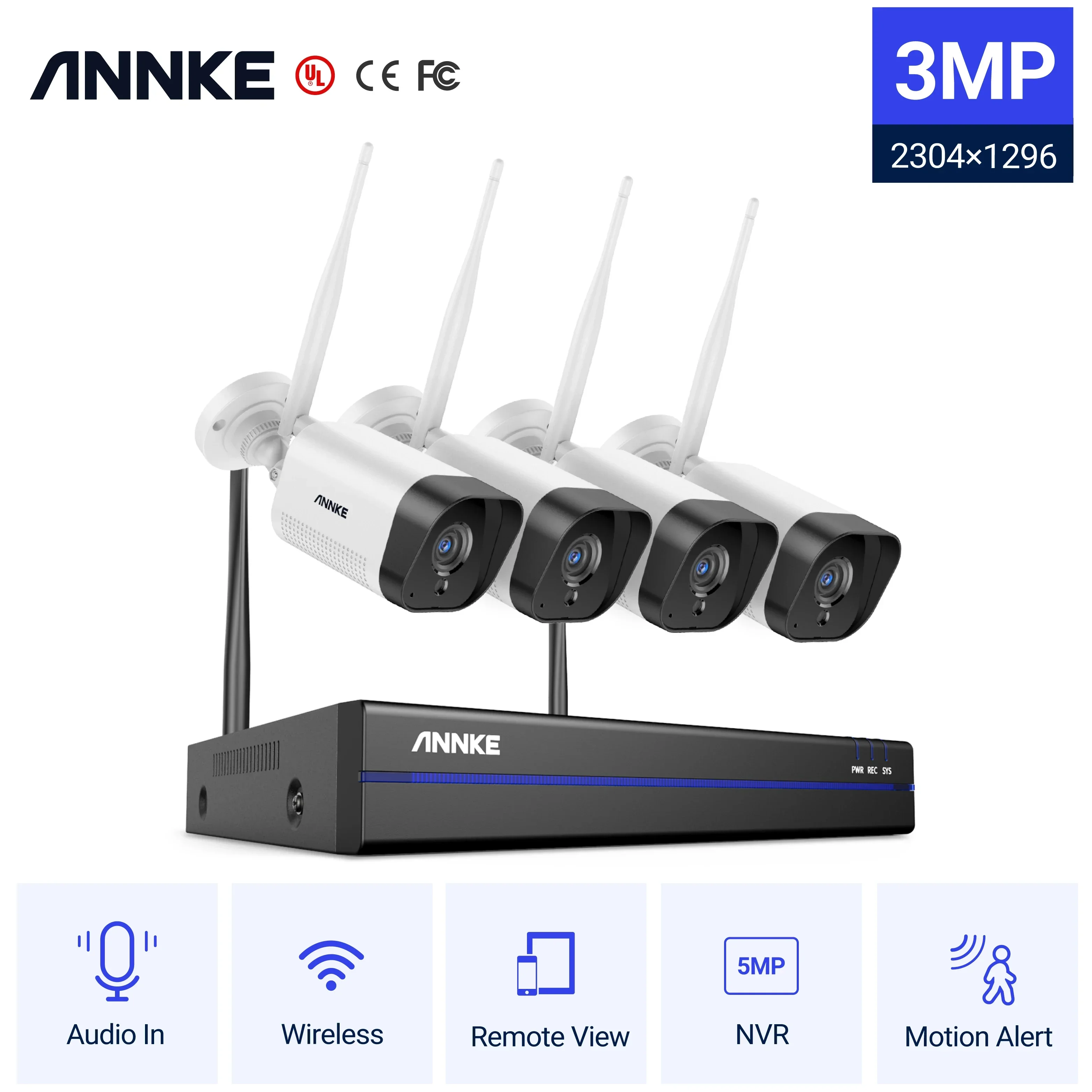 ANNKE 8CH 3MP Wireless Security Ca mera System 24/7 Recording Night Vision 4pcs WiFi CCTV Ca mera P2P Works with Alexa