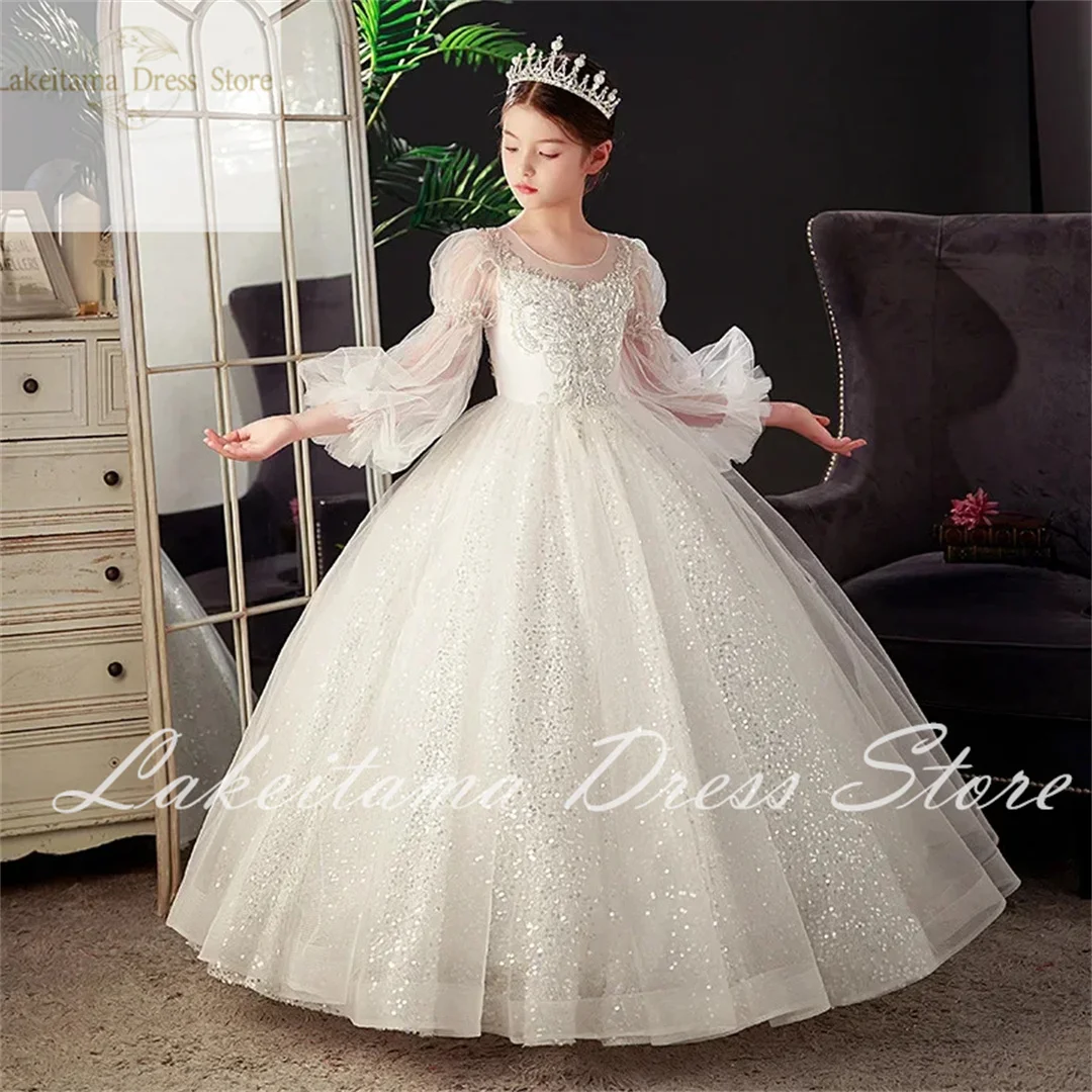 New Year Party Flower Girls Dress for Wedding Evening white Children Princess Pageant Long Gown Kids Dresses for Girls Clothes