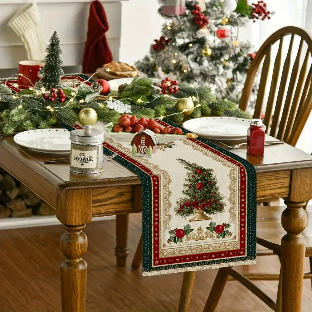 Vintage Christmas Table Runner | Ornate Frame Leaf-Berry  Easy-Clean Holiday Banquet Decor
