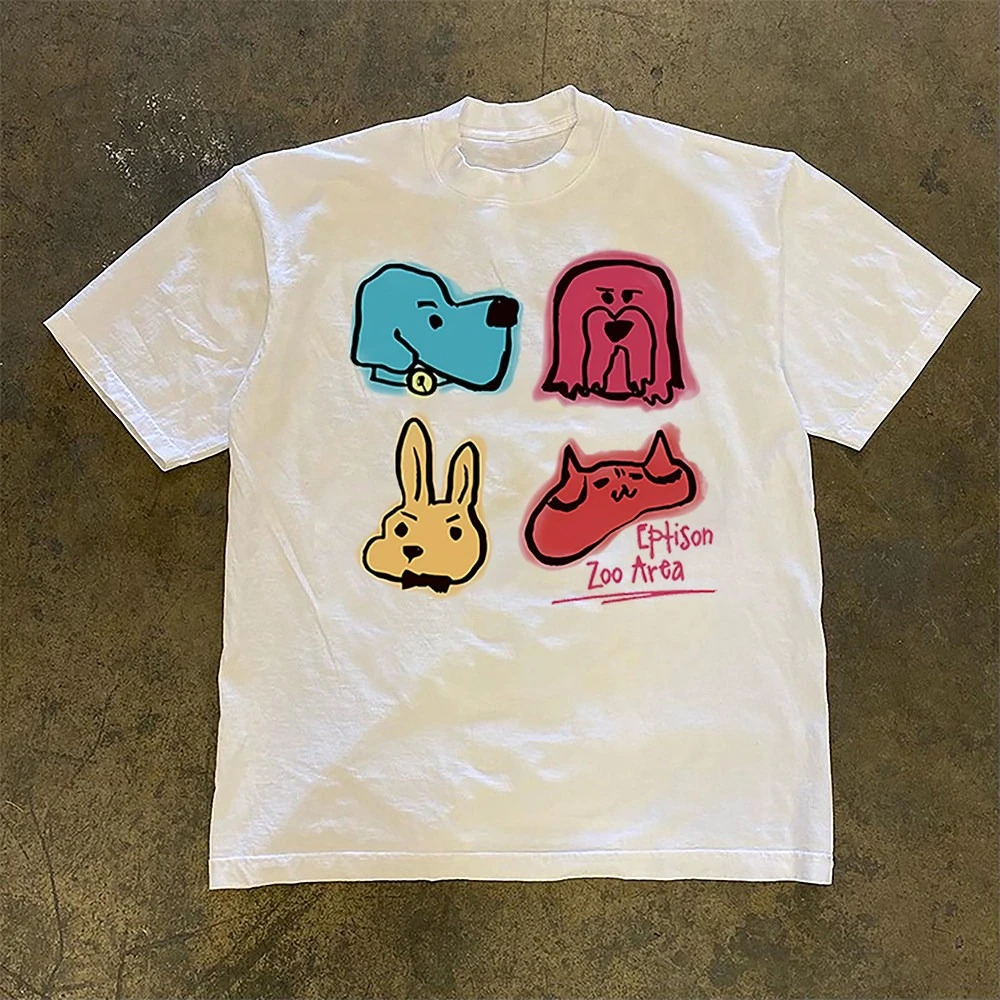 Camiseta Oversized com Estampa de Animais de Desenho Animado Verão 2026, Camiseta Casual de Manga Curta com Gráfico de Animais de Estimação Desenhado 