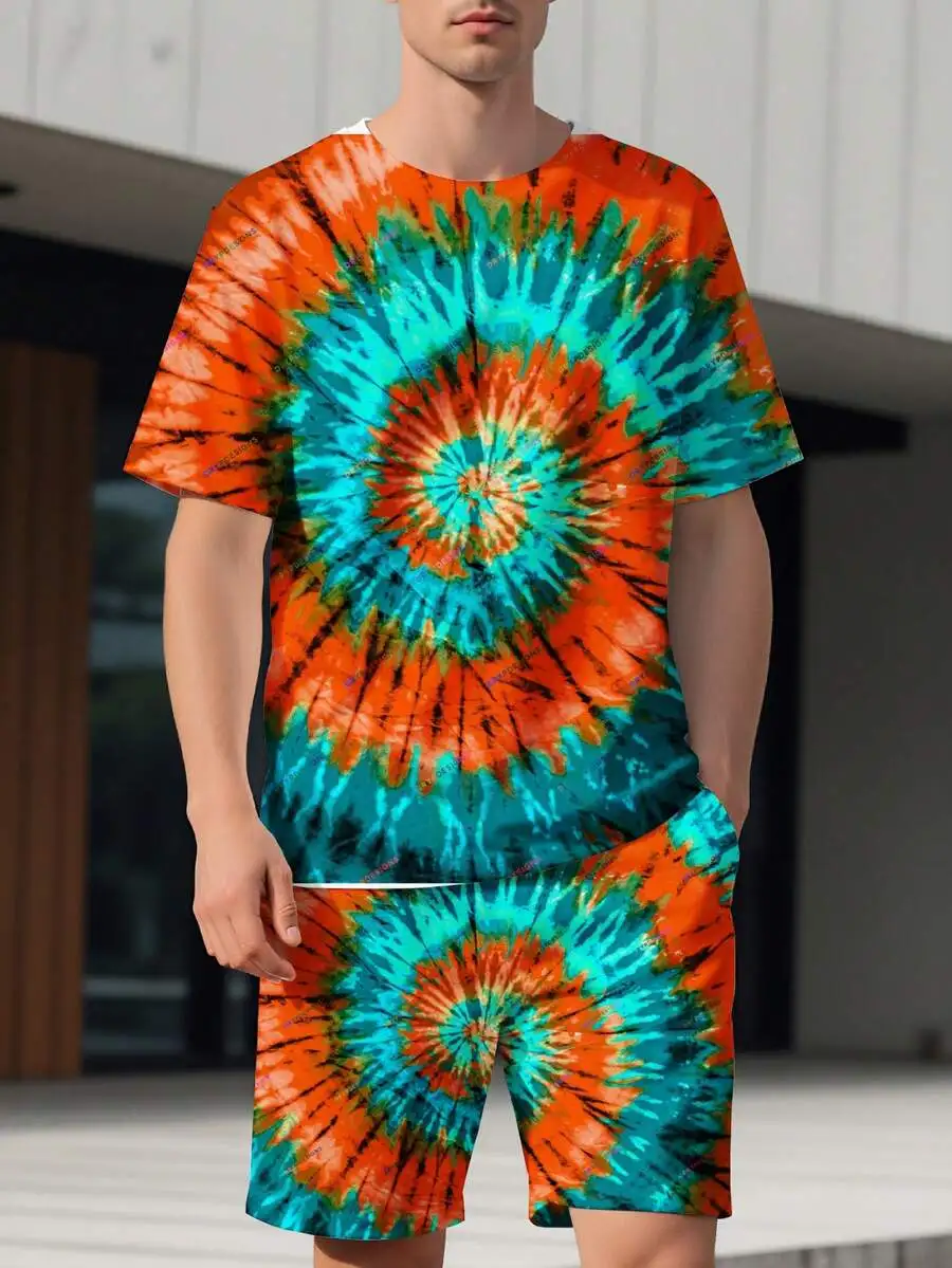 

Mens Tie Dye Spiral Print Short Sleeve T-Shirt And Shorts Set Orange Teal Casual Summer Outfit