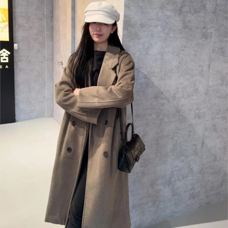 

Dark brown double-sided fleece coat for women mid-length loose woolen overcoat