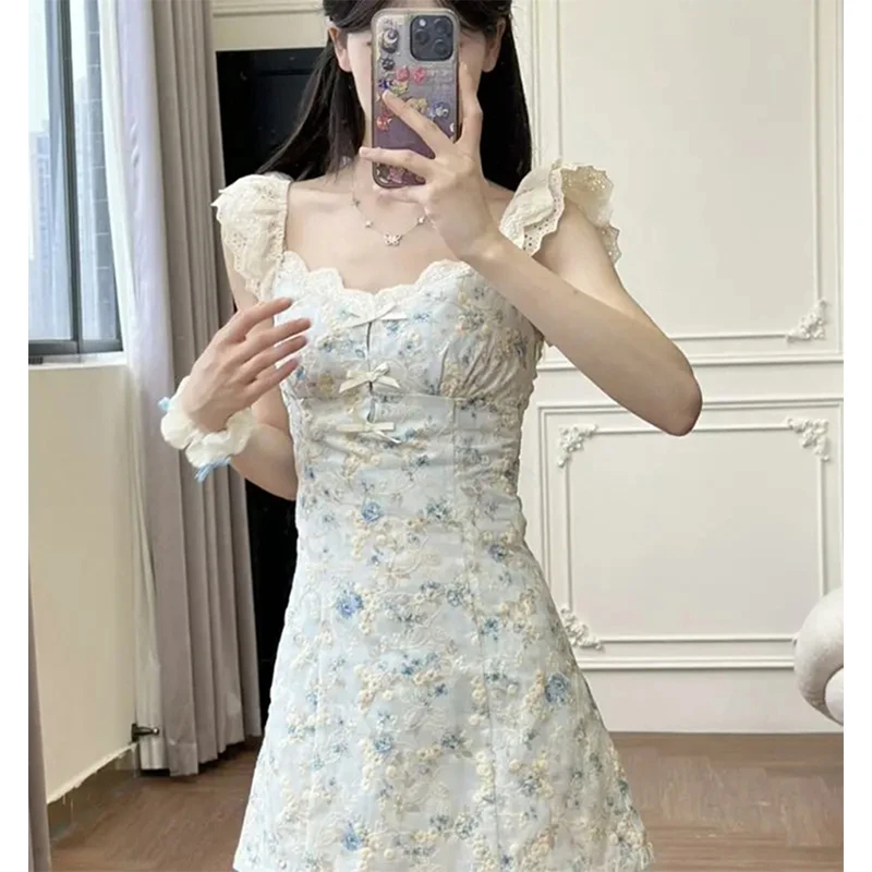 ヴィンテージ花柄ミニドレス女性エレガントな弓レースパーティードレス韓国フライングスリーブスクエアカラーボディコンデザイン夏 Vestidos