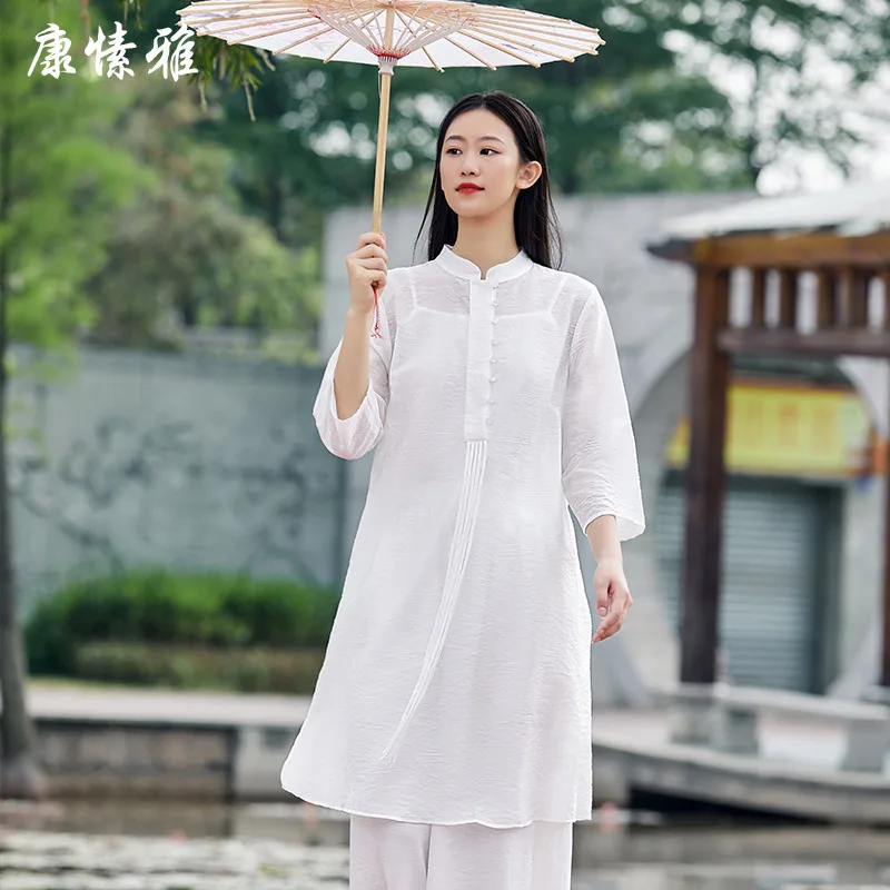 3pcs Women Martial Arts Tai Chi Kungfu Uniforms Cotton Linen Chinese Traditional Loose Shirt+pant Casual Meditation Athletic Set