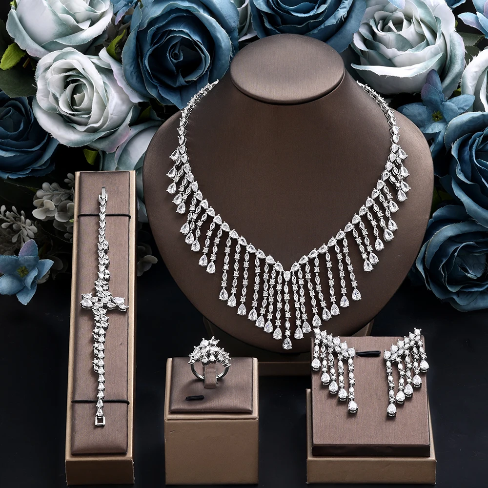 

Нигерия, 4 шт., свадебные комплекты ювелирных изделий с цирконием для женщин, роскошные комплекты свадебных украшений с платиновым покрытием из Дубая и Нигерии с кристаллами CZ