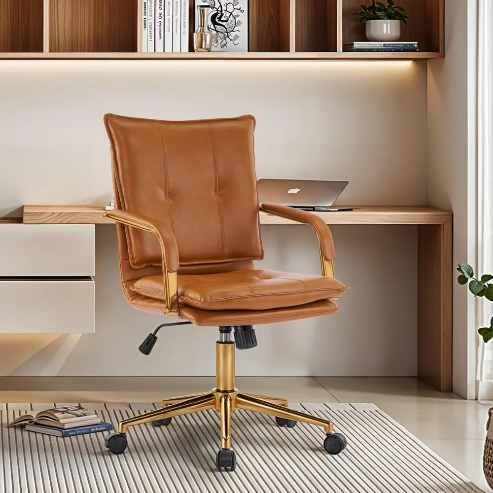 Mid-Back Ergonomic Leather Office Chair, Modern Upholstered Executive Desk Chair with Gold Frame Armrest Computer, Customized