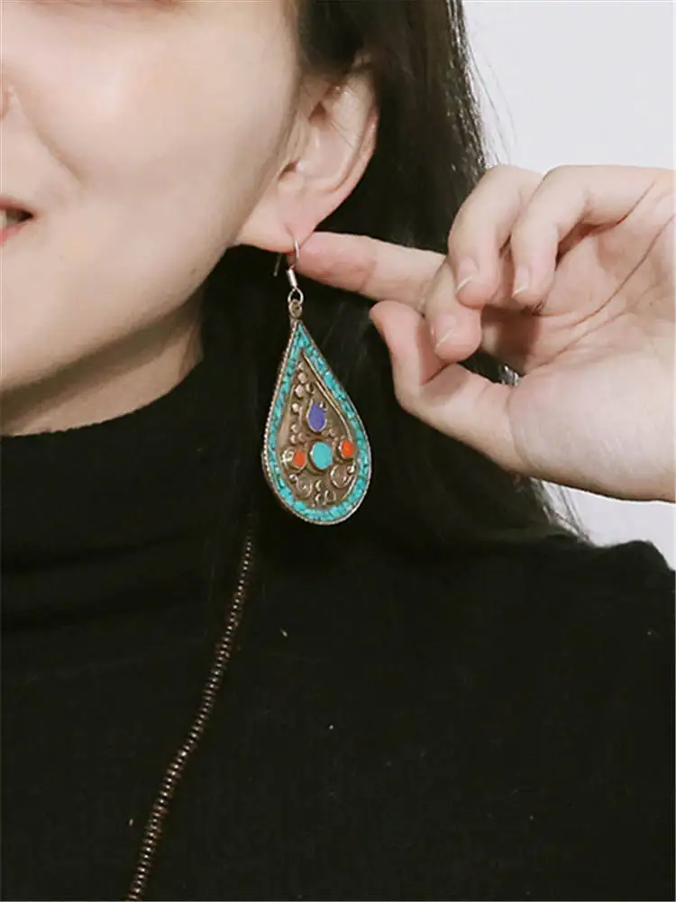 E007 Indian Vintage Hand Earring Pair Lovely for Girls Many Designs Copper Inlay Colorful Stone