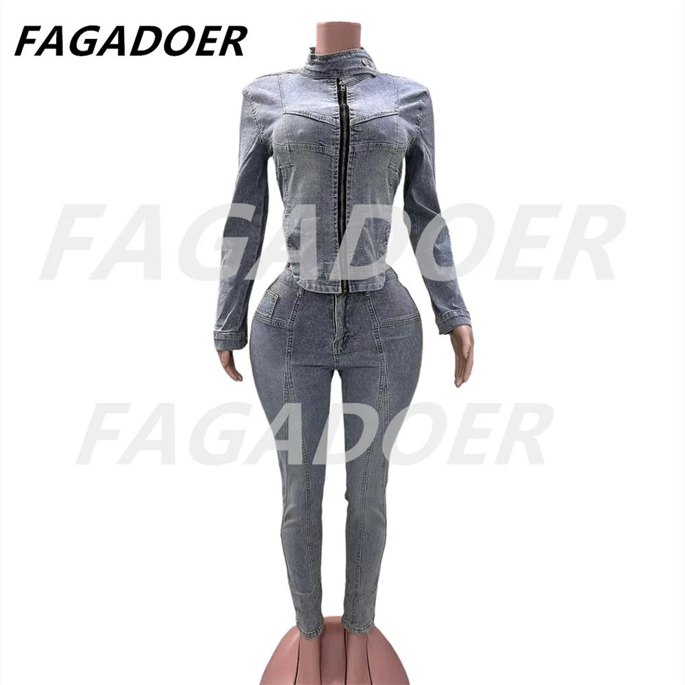 FAGADOER Sexy Denim 2 Piece Set Outfit Retro Y2k Streetwear Zip Stretchy Slim Jackets and Jeans Pant Sets Autumn New Clothing