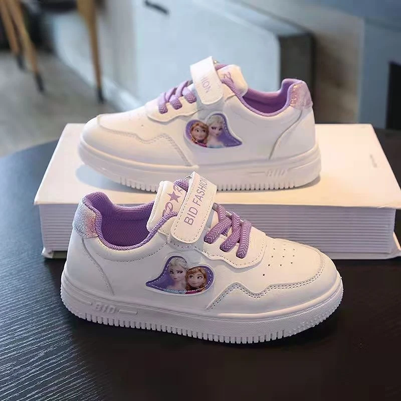 Disney Children\'s Casual Shoes White Frozen Priness Elsa Anna Flats Purple Pink Light Running Soft Soles Fashion Brand Shoes