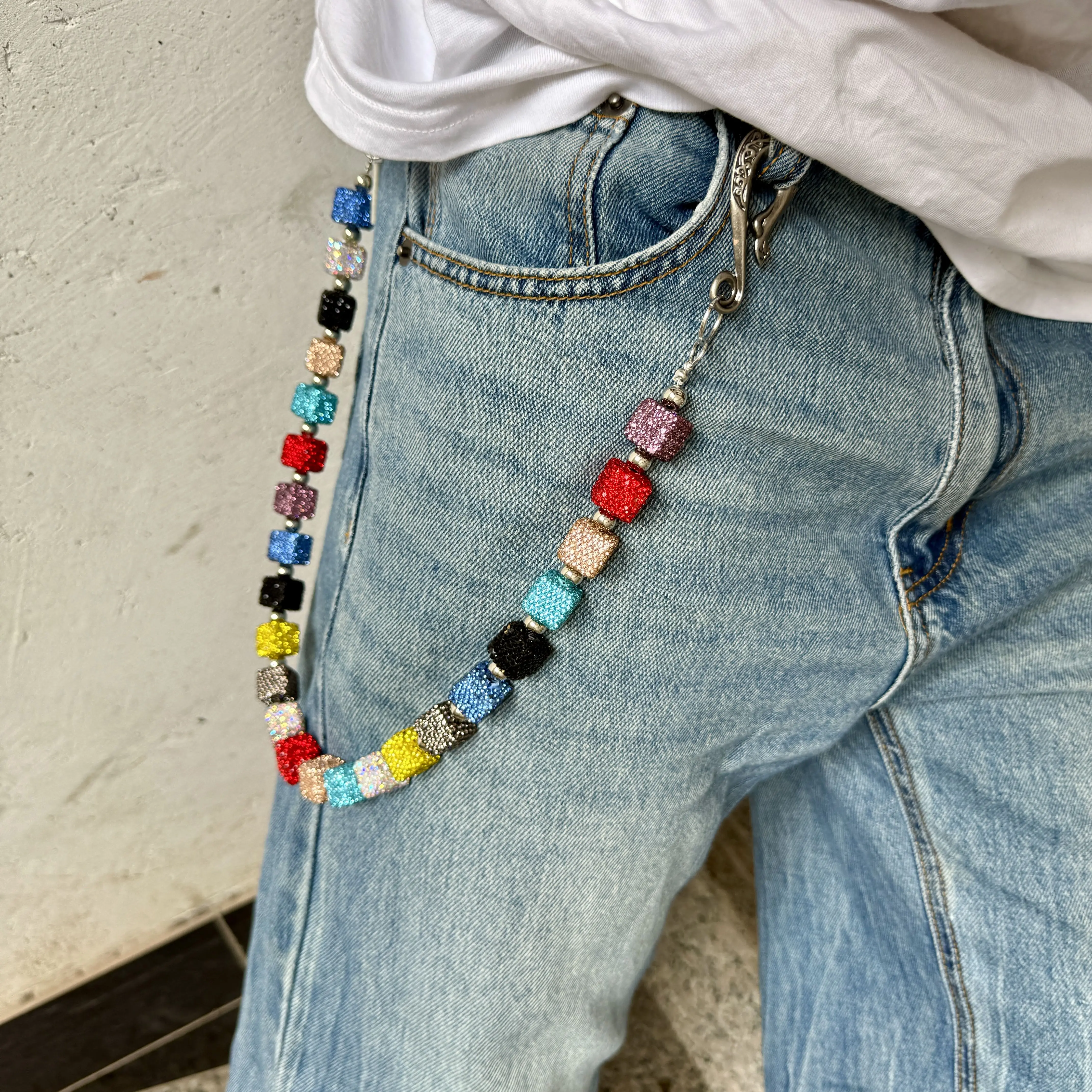 Original punk style pants chain, multiple color bead connection design, fashionable waist accessory
