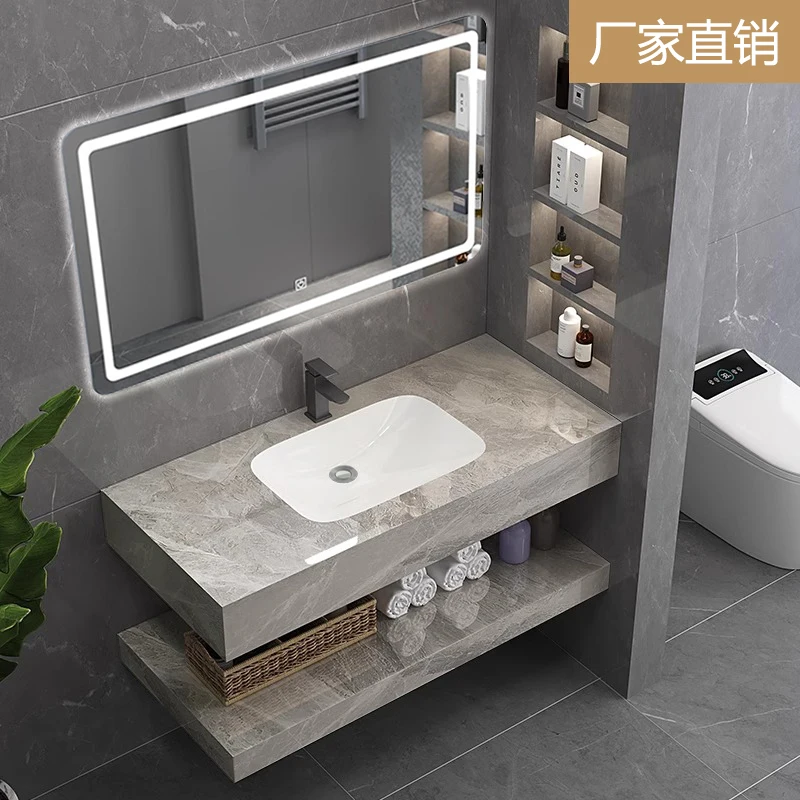

Rock slab bathroom cabinet seamless integrated basin ceramic wash basin B & B hotel wind washbasin wash table double-layer custo
