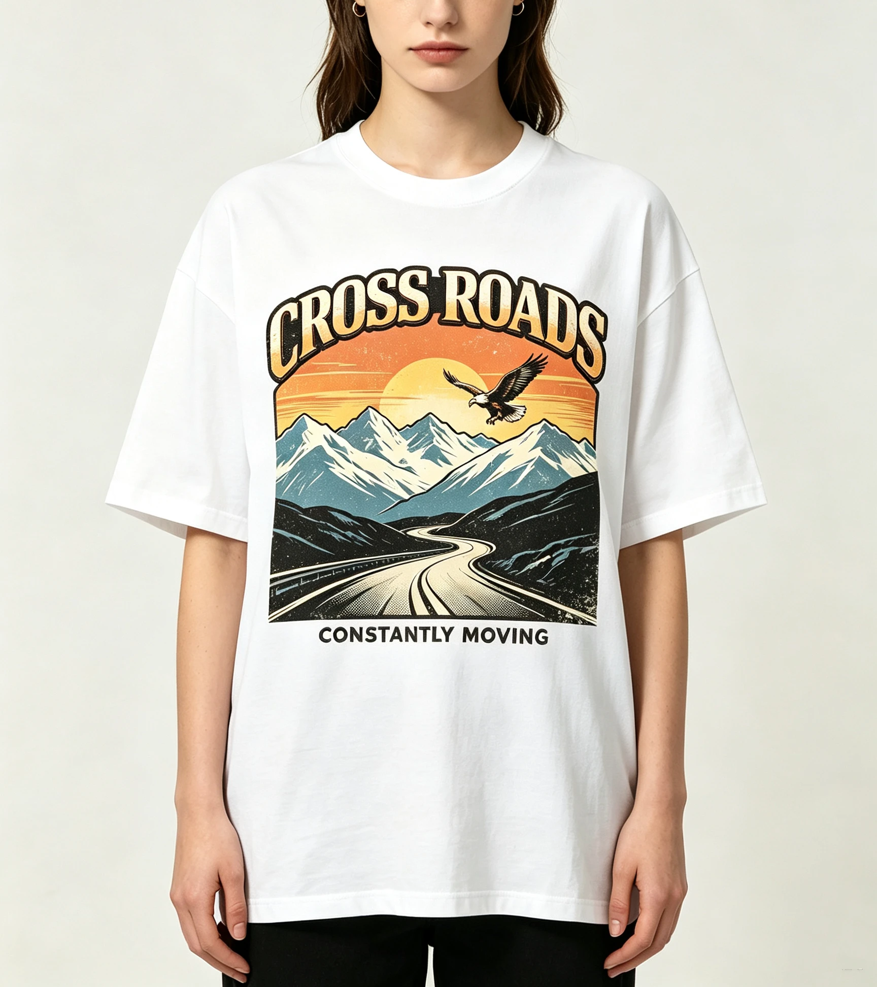 Unisex Cross Roads Eagle Mountain Highway Graphic T Shirt Men Women Constantly Moving Sunset Retro Landscape Print Oversized Crew Neck Short Sleeve Cotton Streetwear Top
