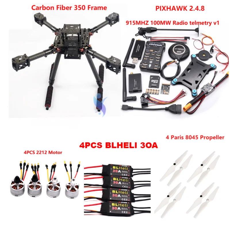 Kit de contrôle de vol en fibre de carbone F350 PIXHAWK 2.4.8 M8N, cadre Ardupilot 100MW télémétrie radio quadrirotor BLHELI 30A 2212 moteur ESC