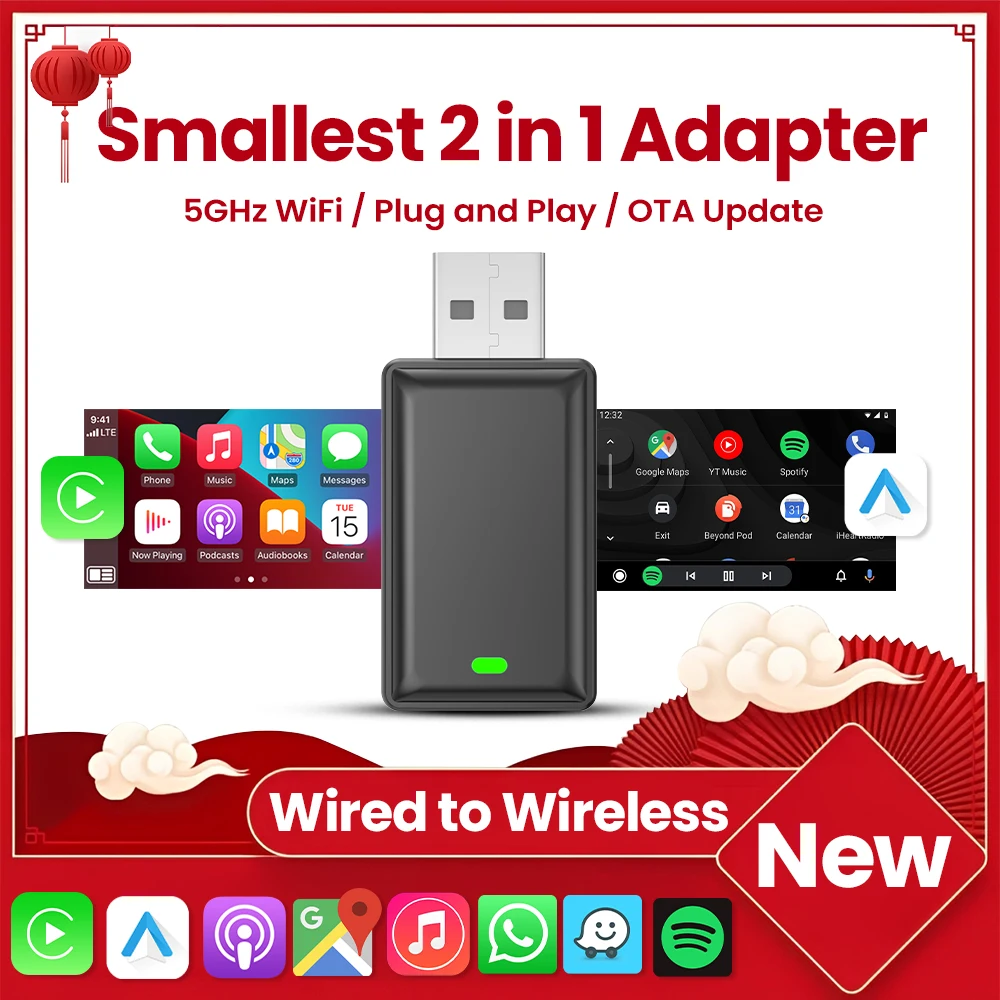 

Проводной к беспроводному адаптеру CarPlay Android Auto Bluetooth Wi-Fi 2 в 1 Dongle для Buick Renault Infiniti Volvo Subaru Haval Maxus