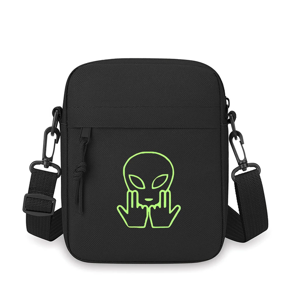 Alien with hands gestures,outline Men Crossbody Bag Single Shoulder Women Cartoon Anime Film Printing Design Unisex