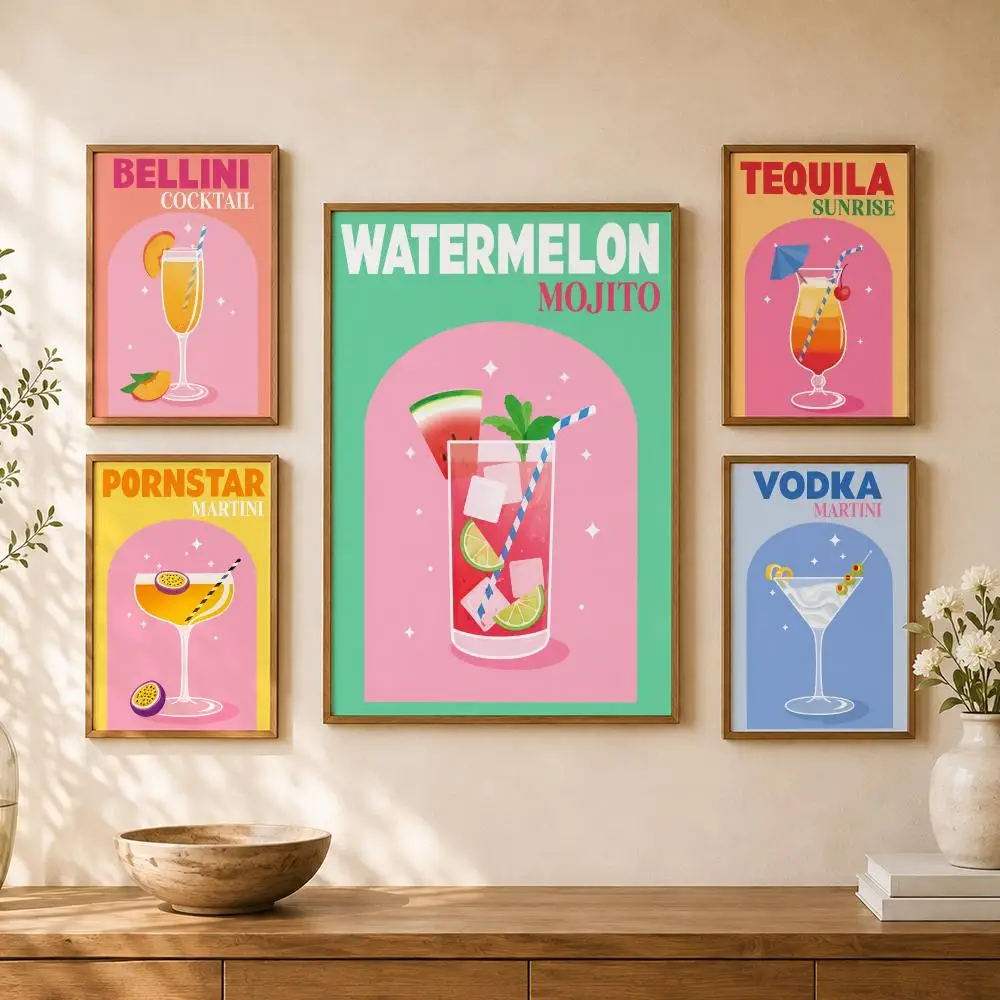 Retro Summer Cocktails Margarita Mojito Martini Tequila Drinks Poster Home Room Cafe Club Decor Aesthetic Art Wall Painting