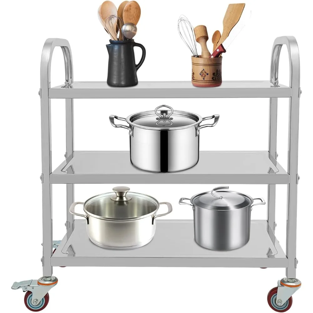 

3 Tier Rolling Cart, Stainless Steel Kitchen Cart, Wheels Kitchen Island Stainless Steel Storage Trolley for Hotel, Restaurant,