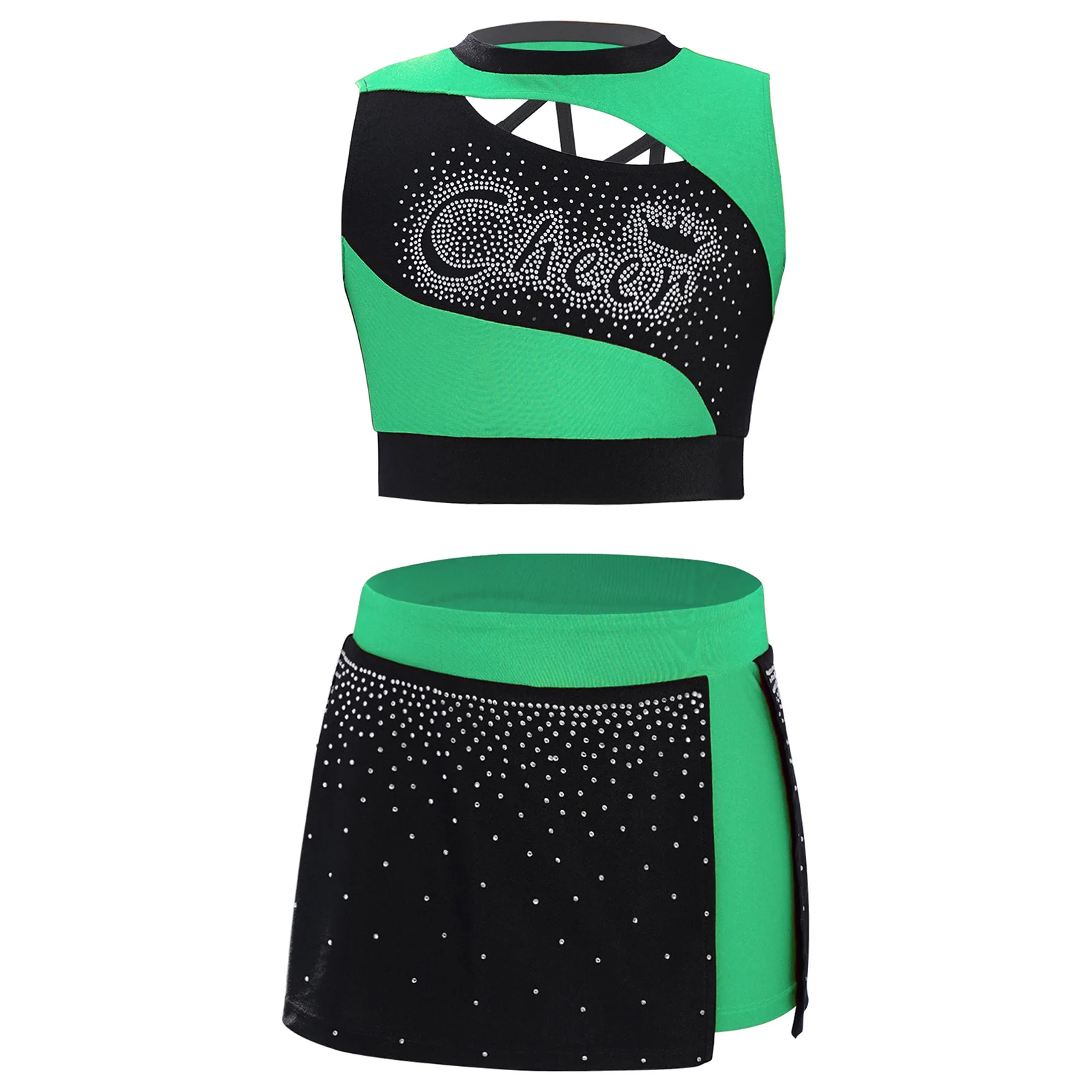 

Kids Girls Cheerleader Costume Sports Meeting Cheerleading Uniform Dance Outfit Cutout Rhinestones Crop Top with Side Slit Skirt