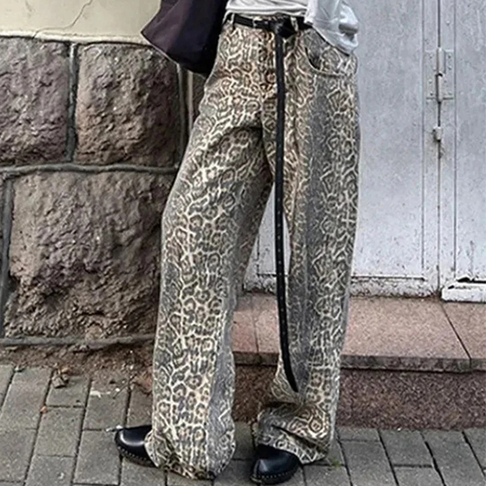 

Leopard Jeans Women Y2k American Wide Leg Pants High Waisted Korean Style Retro Baggy Jeans Loose Oversized Straight Trousers